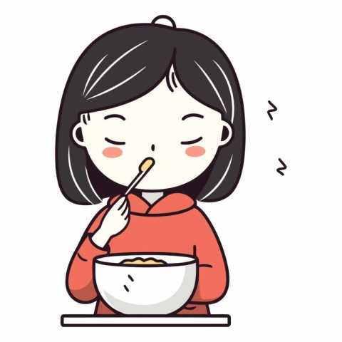 Illustration of a Girl Eating a Bowl of Rice with chopsticks