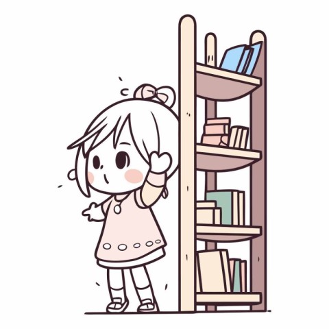 Girl standing in front of bookshelf and looking at the book