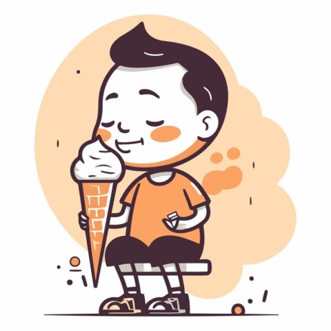 Cute boy eating ice cream in cartoon style.