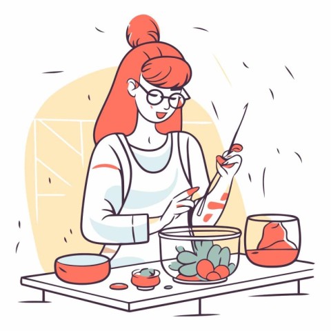 Vector illustration of a young woman cooking in the kitchen at h