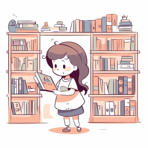 Girl reading a book in the library in cartoon style