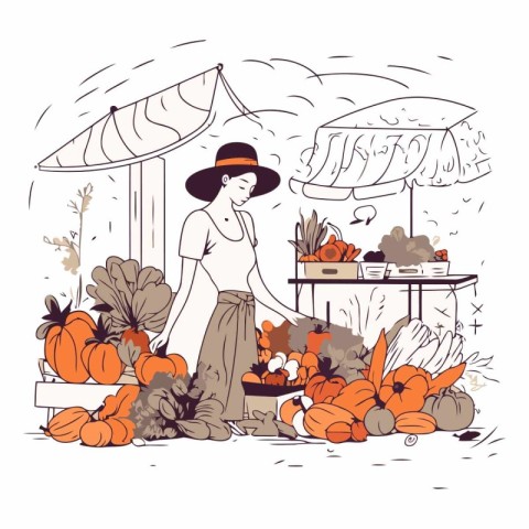 Hand drawn vector illustration of a woman buying pumpkins at the