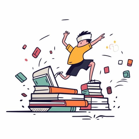 Happy boy jumping from pile of books. Vector line art illustrati