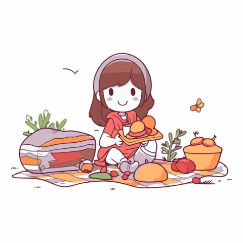 Cute little girl sitting on the floor with a basket of food