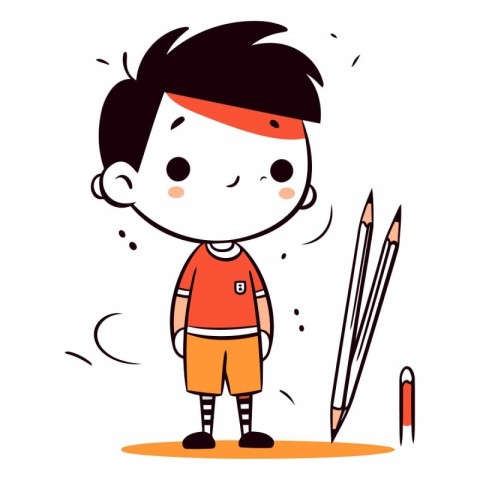 Boy Drawing with Pencils Vector Illustration. Cute Cartoon Chara