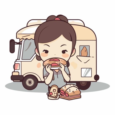 Girl eating a hamburger in front of camper van vector illustrati