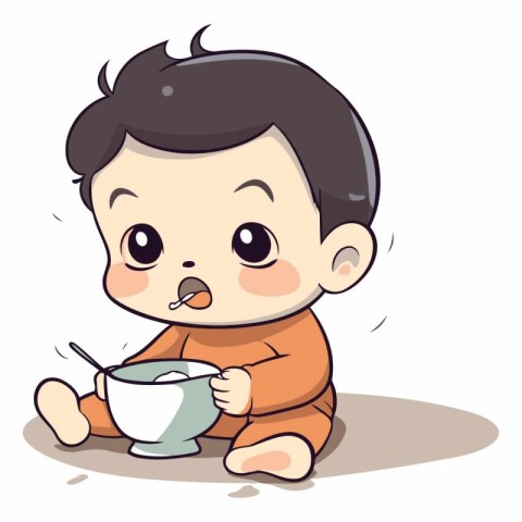 Illustration of a Cute Baby Boy Eating a Bowl of Milk