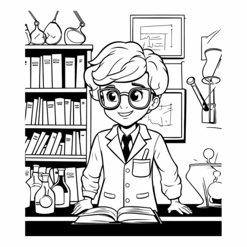 Black and white vector illustration of a scientist in a laborato