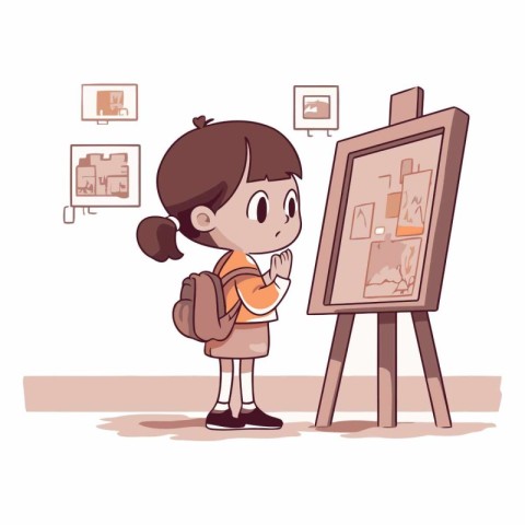 Back to school concept. Cute cartoon girl drawing on easel