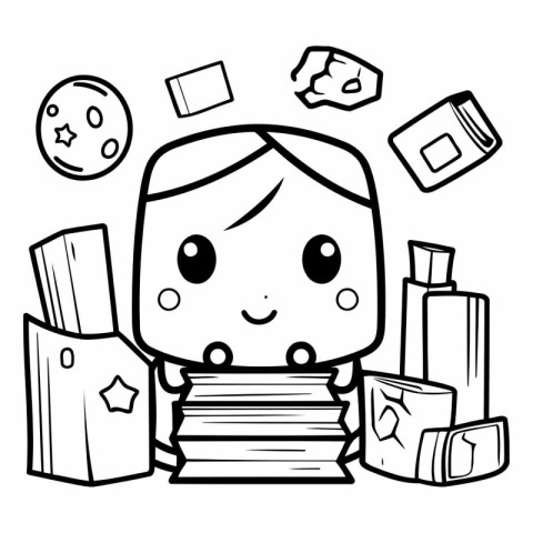 Black and White Cartoon Illustration of Kid Studying or Learning