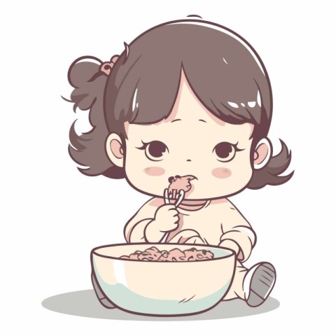 Illustration of a Cute Little Girl Eating a Bowl of Food