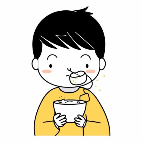 Illustration of a Kid Boy Eating a Bowl of Noodles