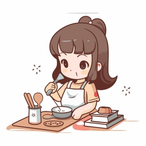 Illustration of a Little Girl Cooking in the kitchen. Vector.