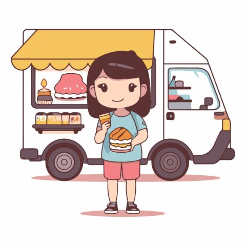 Cute little girl eating ice cream. Fast food truck.