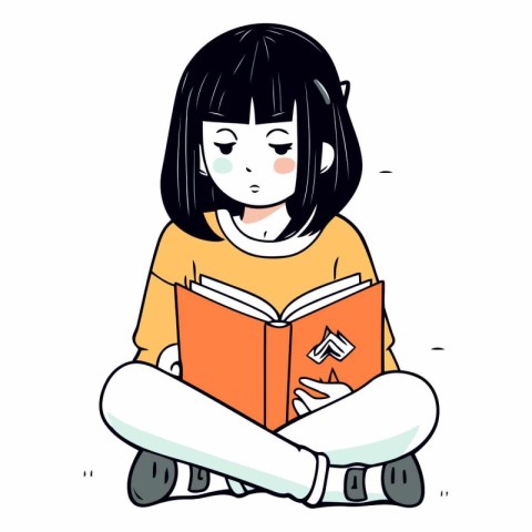 Illustration of a little girl reading a book while sitting on th