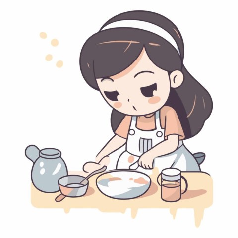 Cute little girl cooking in the kitchen. Cute vector illustratio