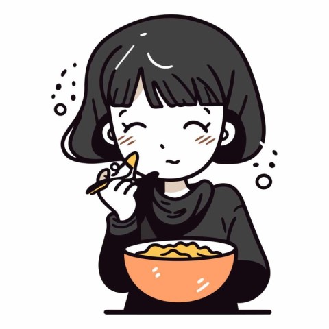 Illustration of a Girl Eating a Bowl of Noodles.