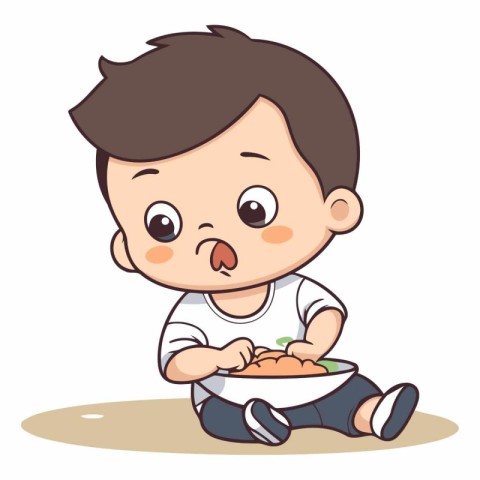 Cute little boy sitting and eating a bowl of food.