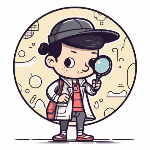 Cute little detective boy with magnifying glass.