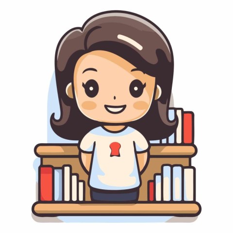 Schoolgirl sitting on bookshelf and smiling cartoon vector illus