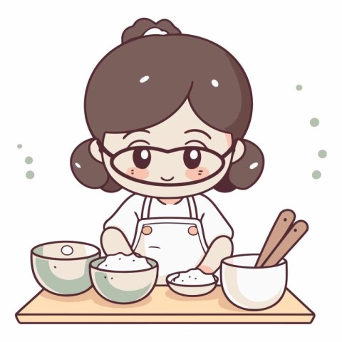 Illustration of a Cute Little Girl Measuring Bowls of Rice