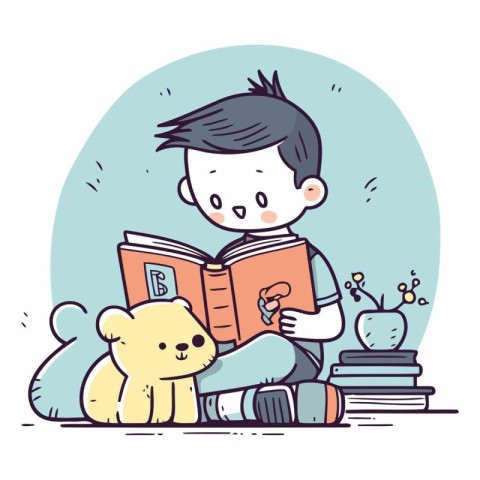 Illustration of a little boy reading a book with a teddy bear