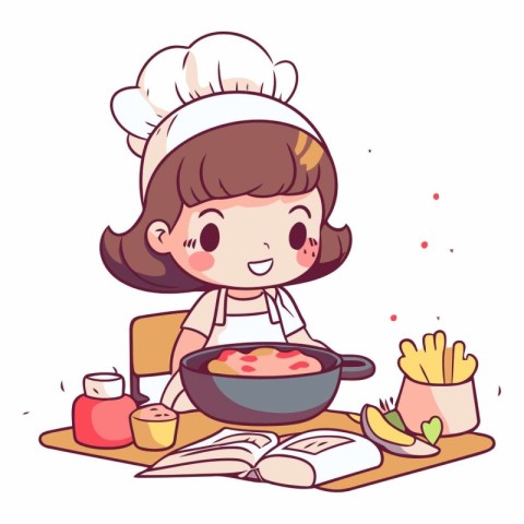 Illustration of a Little Girl Cooking in the Kitchen. Cartoon Ch