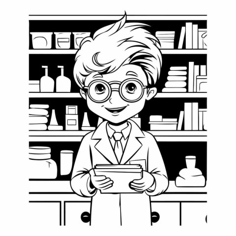 Boy in library with books. Black and white vector illustration f