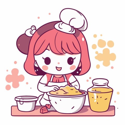 Illustration of a cute little girl cooking with a bowl of rice