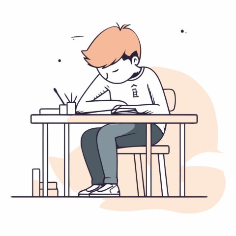 Young man sitting at a desk and doing homework. flat vector illu