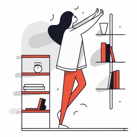 Vector illustration of a woman standing near the bookshelf at ho