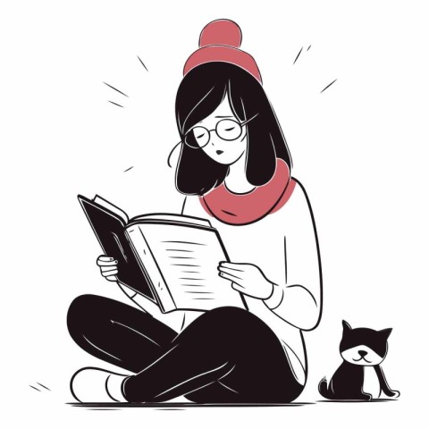 Young woman reading a book with a cat in the background.