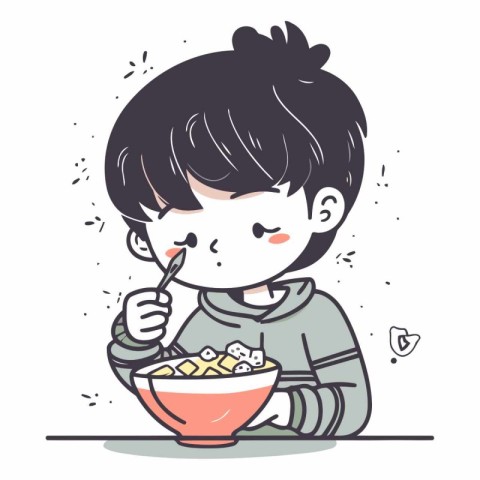 Illustration of a boy eating cereals with a fork and spoon