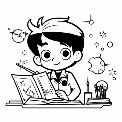 Boy reading a book. Black and white vector illustration for colo