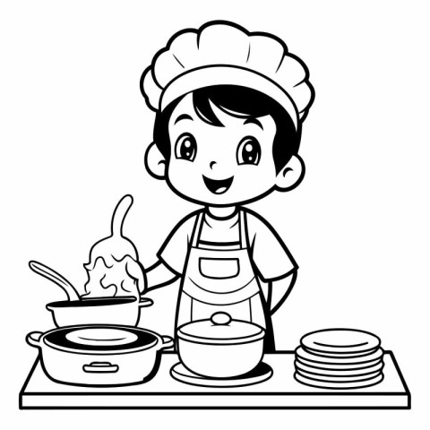 cute chef boy cooking in the kitchen cartoon vector illustration