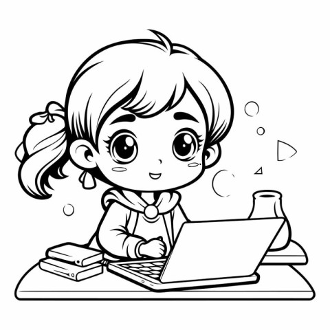 Black and White Cartoon Illustration of Cute Little Girl Using L