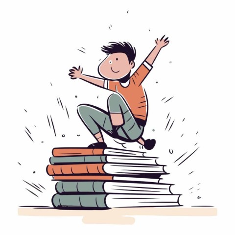 Boy sitting on pile of books in cartoon style.