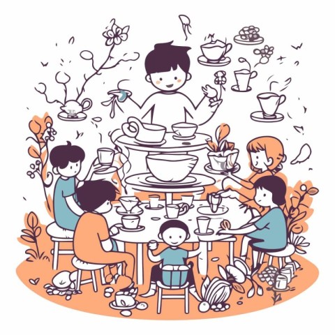 Children eat and drink tea in the cafe. Hand drawn vector illust