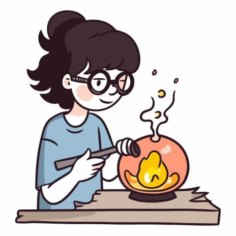 Girl in glasses is making a fire in cartoon style.