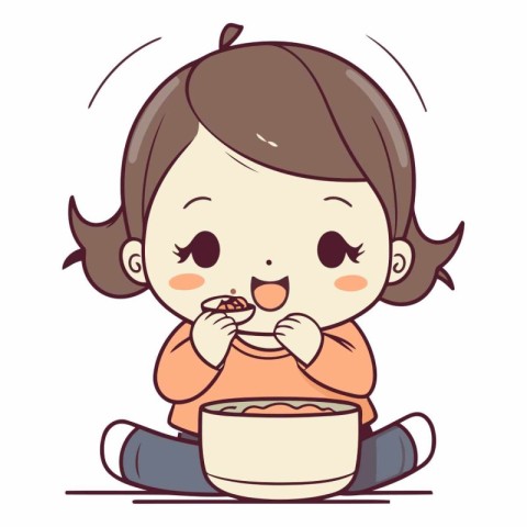 Illustration of a little girl eating cereals from a bowl.