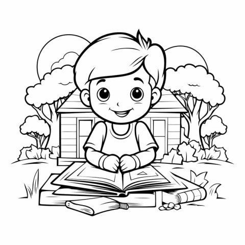 Boy reading a book in the park. black and white vector illustrat