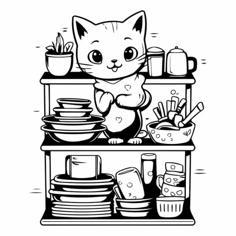 Black and white illustration of a cat standing on a shelf full o