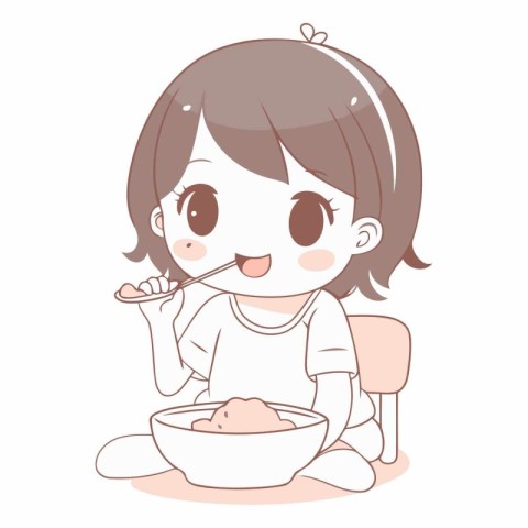 Illustration of a cute little girl eating a bowl of porridge