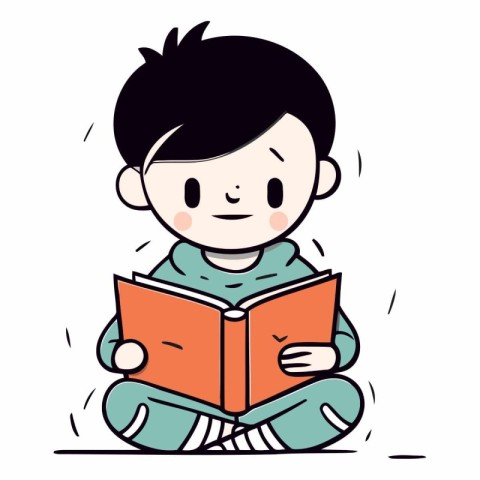 Cute boy reading a book in cartoon style.