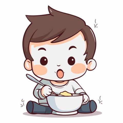 Cute little boy eating soup in cartoon style.