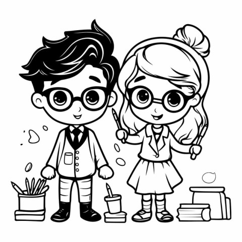 Cute school kids. Black and white vector illustration for colori