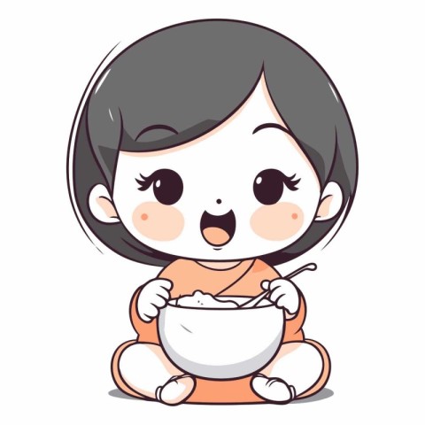 Illustration of a Cute Little Girl Eating a Bowl of Rice