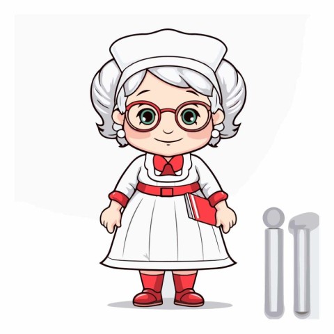 Cute cartoon chef woman in white uniform and glasses.