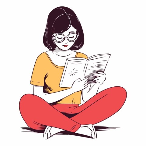 Beautiful girl reading a book in sketch style.