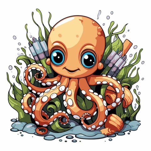 Cute octopus cartoon character in the sea.